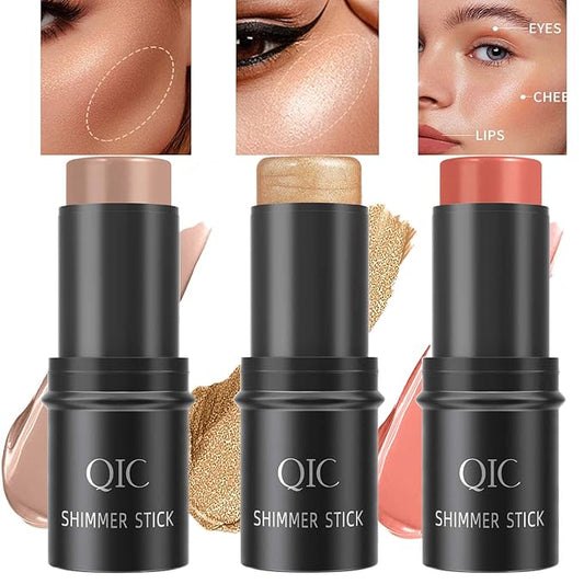 3 PCS Cream Contour Blush Stick,Long Lasting Waterproof Blush Stick for Cheeks&Lips Multipurpose Face Highlighting Concealing Cream,Shimmer Contour Stick Makeup for Women