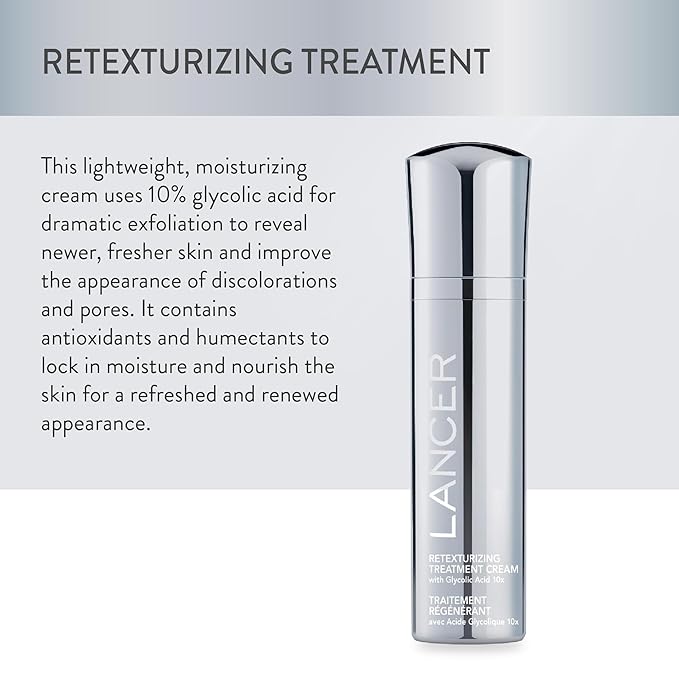 Lancer Skincare Retexturizing Treatment, Daily Moisturizing Cream with 10% Glycolic Acid, 1.7 Fl Oz