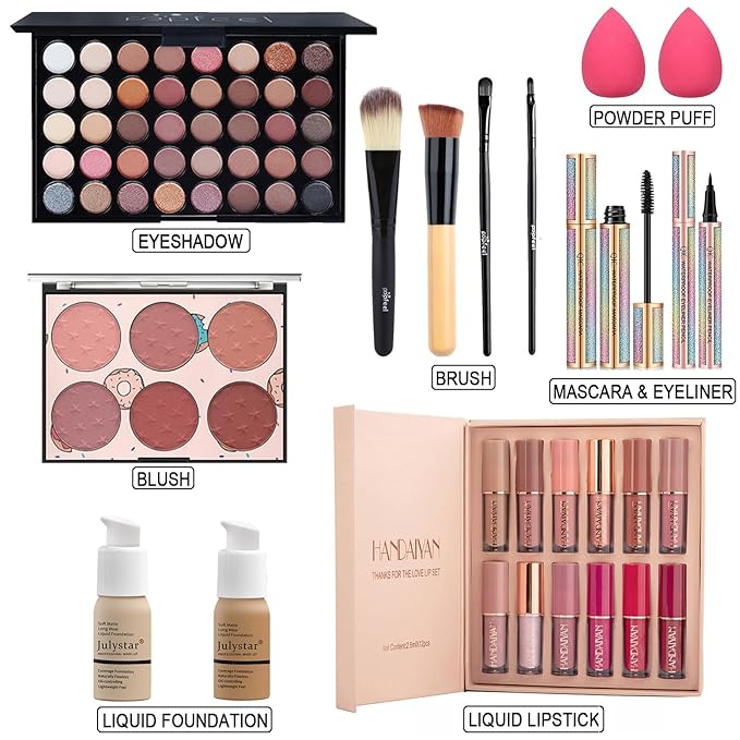 Makeup Kit for Women Full Kit, All in One Makeup Gift Set, Make up Kits for Beginners and Professionals - Eyeshadow Palette, Liquid Lipstick, Mascara, Blush, Eyeliner, Foundation, Brush
