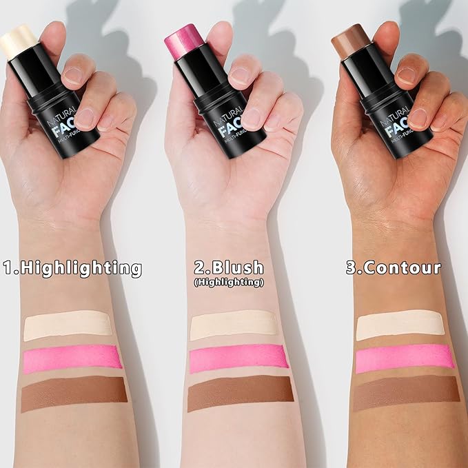3Pcs Cream Contour Stick Makeup Kit, Shades with Highlighter Stick, Blush Stick and Bronzer Contour Stick for Sculpt the Cheeks, Long Lasting, Waterproof, Matte & Dewy Finish (LIGHT)