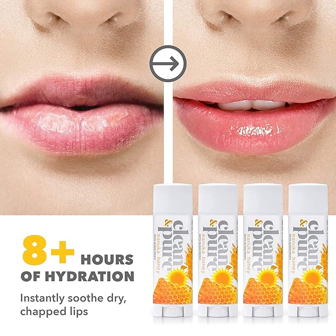 Lip Balm 4-Pack (Manuka Honey with Sunscreen) | Lip Care Set With 100% All Natural Beeswax | Vitamin E Oil | Flavored Lip Balm for Dry, Chapped Lips | Made in Australia