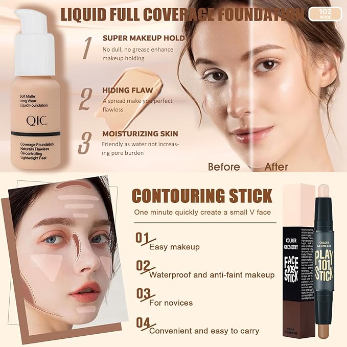 All in One Makeup Kit,Includes Naked Eyeshadow,CC Cream,Liquid Foundation,Lipstick Set,Mascara,Makeup Brush,Makeup Sponge,Eyebrow Pencil,Eyebrow Soap,Eyeliner Stamp, Primer,Contour Stick,Cosmetic Bag