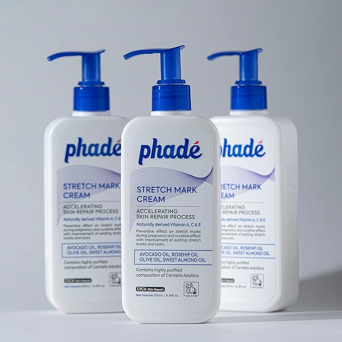 Phade Stretch Mark Cream with CICA - 200ml | Pregnancy, Scars, Uneven Skin Tone, Aging | Dermatologist Tested, Clinically Proven Formula for Stretch Marks, Hydration, and Skin Repair