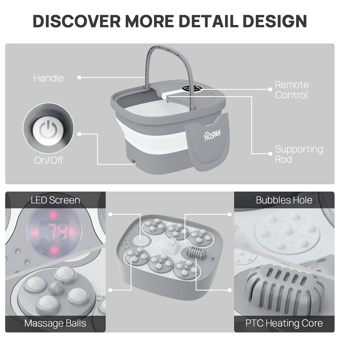 HOSPAN Collapsible Foot Spa Electric Rotary Massage, Foot Bath with Heat, Bubble, Remote, and 24 Motorized Shiatsu Massage Balls. Pedicure Foot Spa for Feet Stress Relief - FS02A
