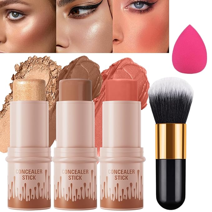 3Pcs Cream Contour Stick, with Highlighter Stick Milk Bronzer Stick Blush Stick, Face Contour Stick Highlighter Makeup with Makeup Brush and Sponge, Easy to Sculpt the Face, Long Lasting