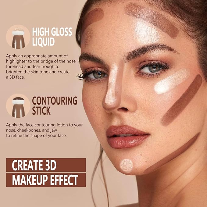 3PCS,Contour Stick bronzer,Liquid Blush,Highlighter,Long Lasting Smooth Lightweight Beauty Wand Set,Vegan & Cruelty-Free (01+02+05, 1.27fl oz)
