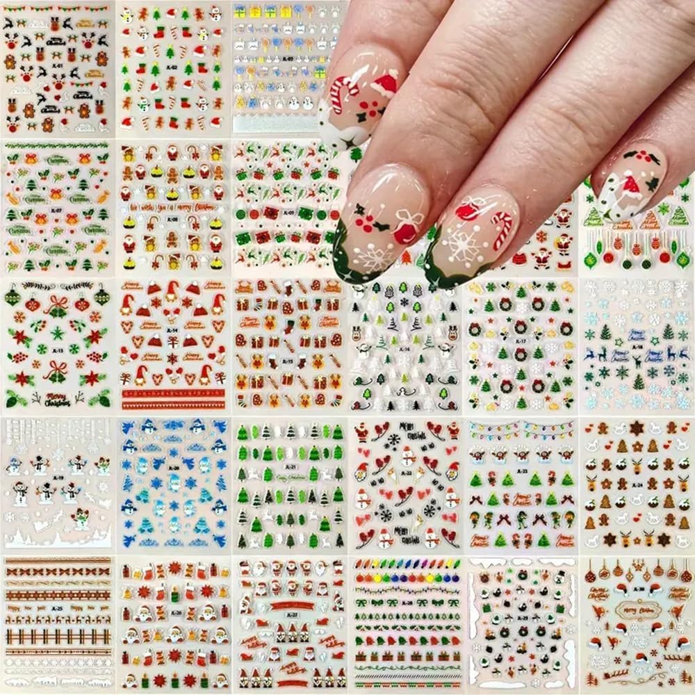 30 Pcs Christmas Nail Sticker 3D Self- Adhesive Nail Decals with Cute Penguin Deer Snowman Snowflake Elk Santa Claus Design Xmas Nail Art Stickers for Women Winter Holiday Nail Sticker(Christmas)