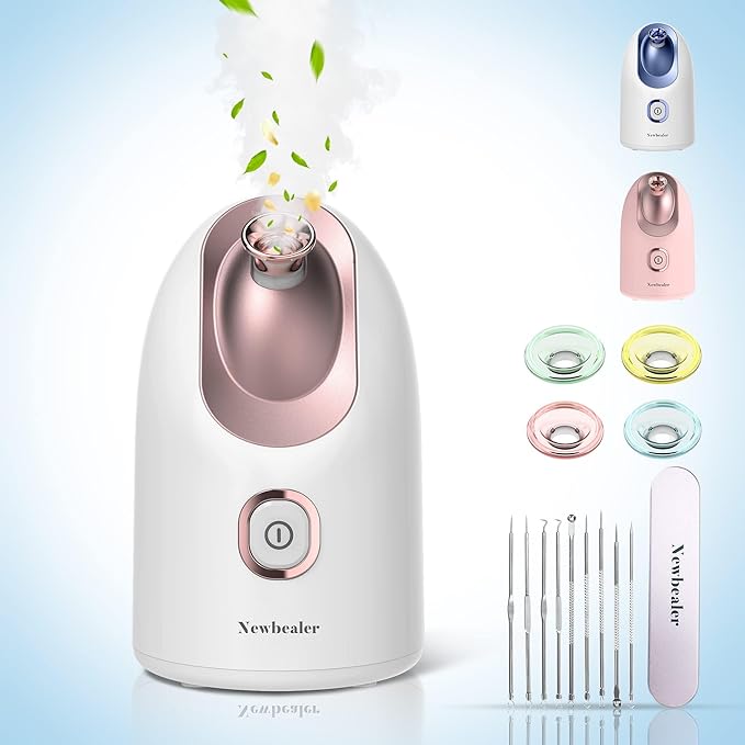 Newbealer Facial Steamer, Mini Aroma Face Steamer, Nano Ionic Hot Mist Face Humidifier for Facial Deep Cleaning, Home Sauna Spa Sprayer with 9 Pieces Acne Remover Kit (White-Gold, 160 ML)