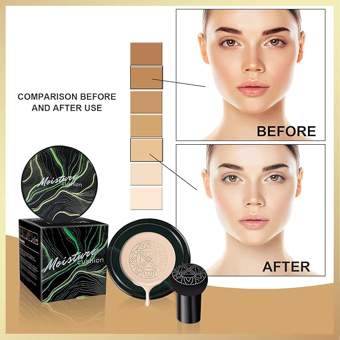 Mushroom Head Air Cushion CC Cream, Long-Lasting Brightening BB Cream Foundation With Powder Puff for Face Makeup and Mature Skin, Moisturizing Full Coverage Self Adjusting Concealer (Natural)