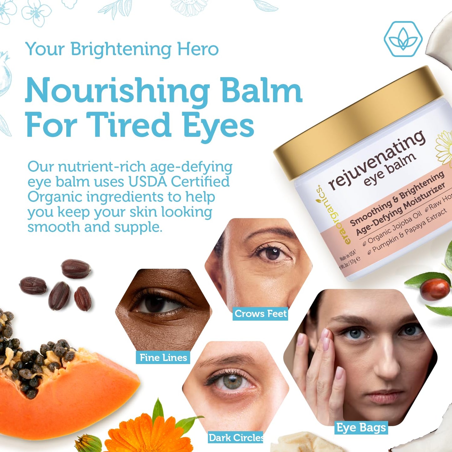 USDA Organic Eye Moisturizer Cream - Rejuvenating and Nourishing Age Defying Under Eye Balm - Natural Eye Cream for Sensitive Skin With Jojoba Oil, Agran Oil for Puffiness, Fine Lines and More
