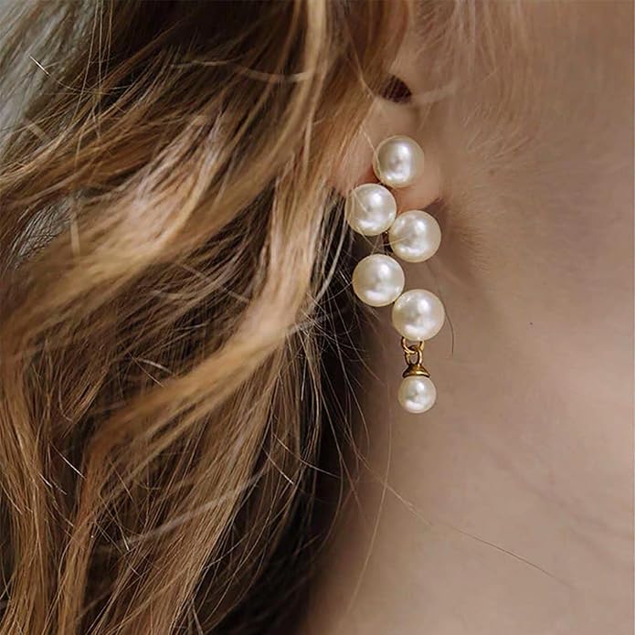 Boho Pearl Drop Earrings Long Pearl Tassel Earrings Gold Cluster Pearl Stud Earrings Bridal Pearl Earrings Wedding Earrings Jewelry for Women