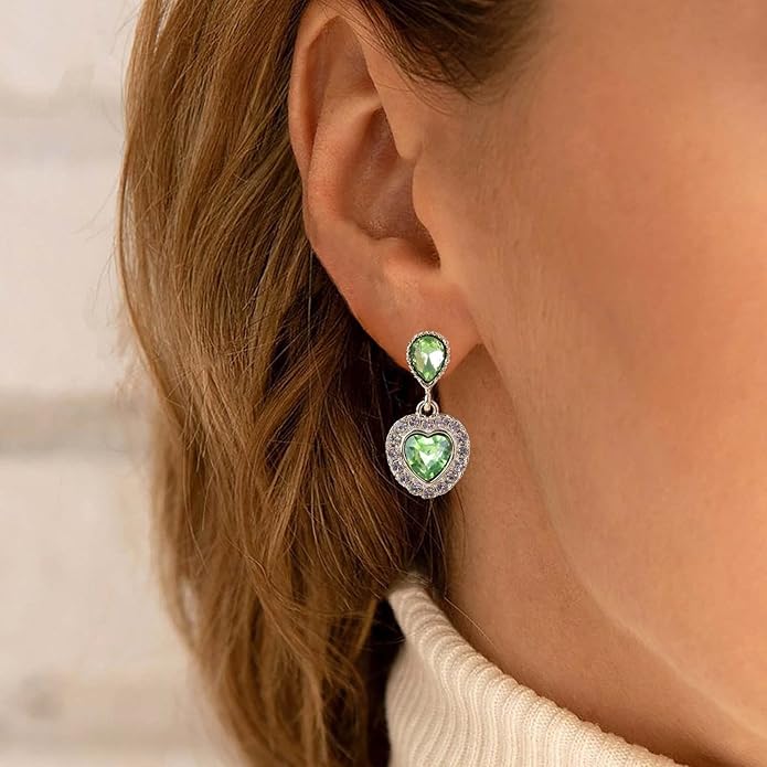 Vintage Emerald Heart Earrings Emerald Cz Teardrop Earrings Rhinestone Heart Drop Earrings Green Gemstone Stud Earrings Jewelry for Women(Green)