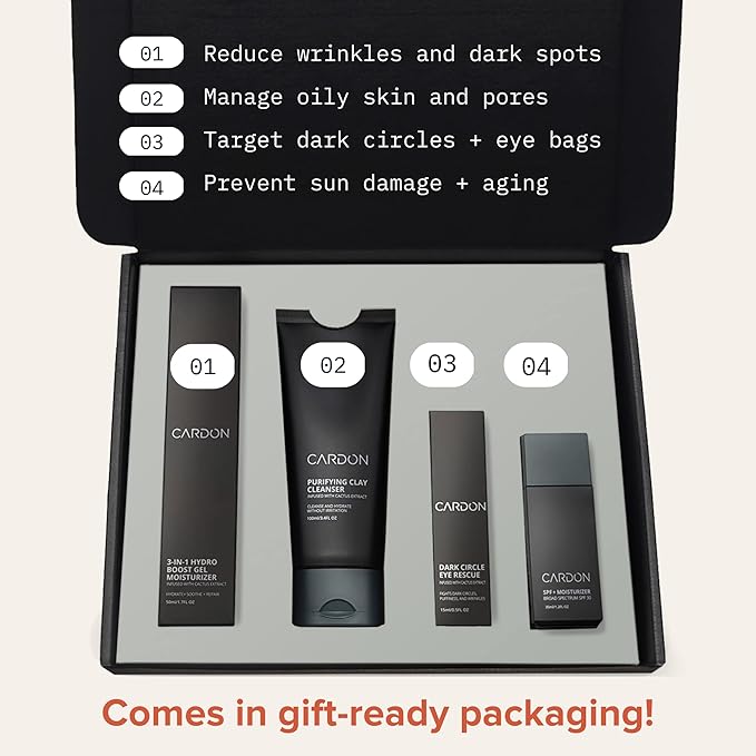 Limited Edition Men's Skincare Gift Set, Cardon Anti-Aging Korean Skincare Routine, Cactus-based, All Skin Types, Face Wash, Face Moisturizer with Sunscreen, SPF 30, Night Lotion, Eye Cream (4 CT)