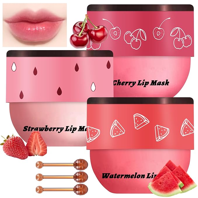 3 PCS Bee Lip Balm Honey Pot, Watermelon & Cherry & Strawberry Lip Mask Overnight Propolis Moisturizing Lip Balm Hydrating Prevention Dry and Crack Lip Scrubs Exfoliator Lip Wrinkle Care (Set C)