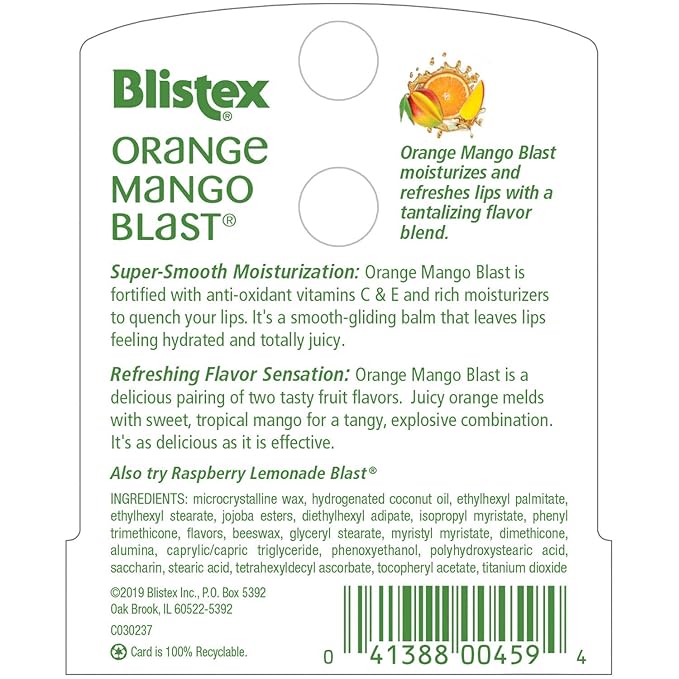 Blistex Orange Mango Blast Lip Balm, Vitamins C & E, Bulk Lip Balm, Super Smooth Moisturization, Refreshing Flavored Lip Hydration, 0.15 Ounce (Pack of 24)
