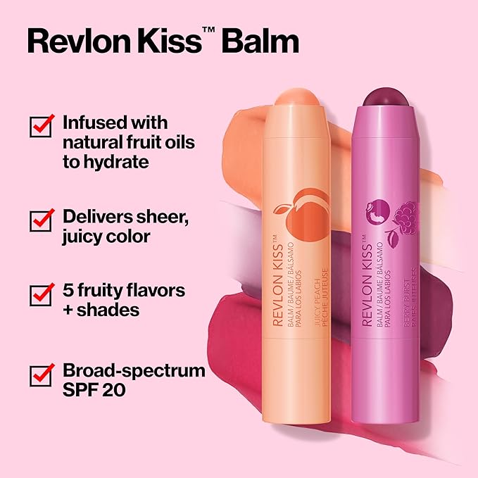 Revlon Lip Balm, Kiss Tinted Lip Balm, Face Makeup with Lasting Hydration, SPF 20, Infused with Natural Fruit Oils, 025 Fresh Strawberry, 0.09 Oz