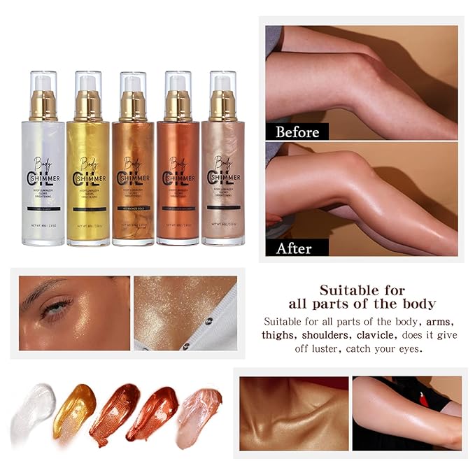 Shimmer Body Luminizer 5 Color Waterproof Smooth Face Body Glow Illuminator Non-sticky Liquid Body Highlight Illuminator for Face & Body & Leg (80 ML, 03 Bronze Gold)