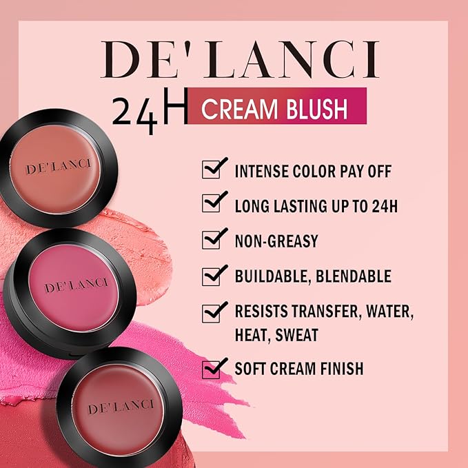DE'LANCI Soft Cream Blush, Intense Color Pay off Putty Blush for Cheeks, Long Lasting Natural Look Rouge for Dark Skin, Blendable Pinkness Flush Korean Blush with Mirror and Brush,No Greasy (ROSE 02#)