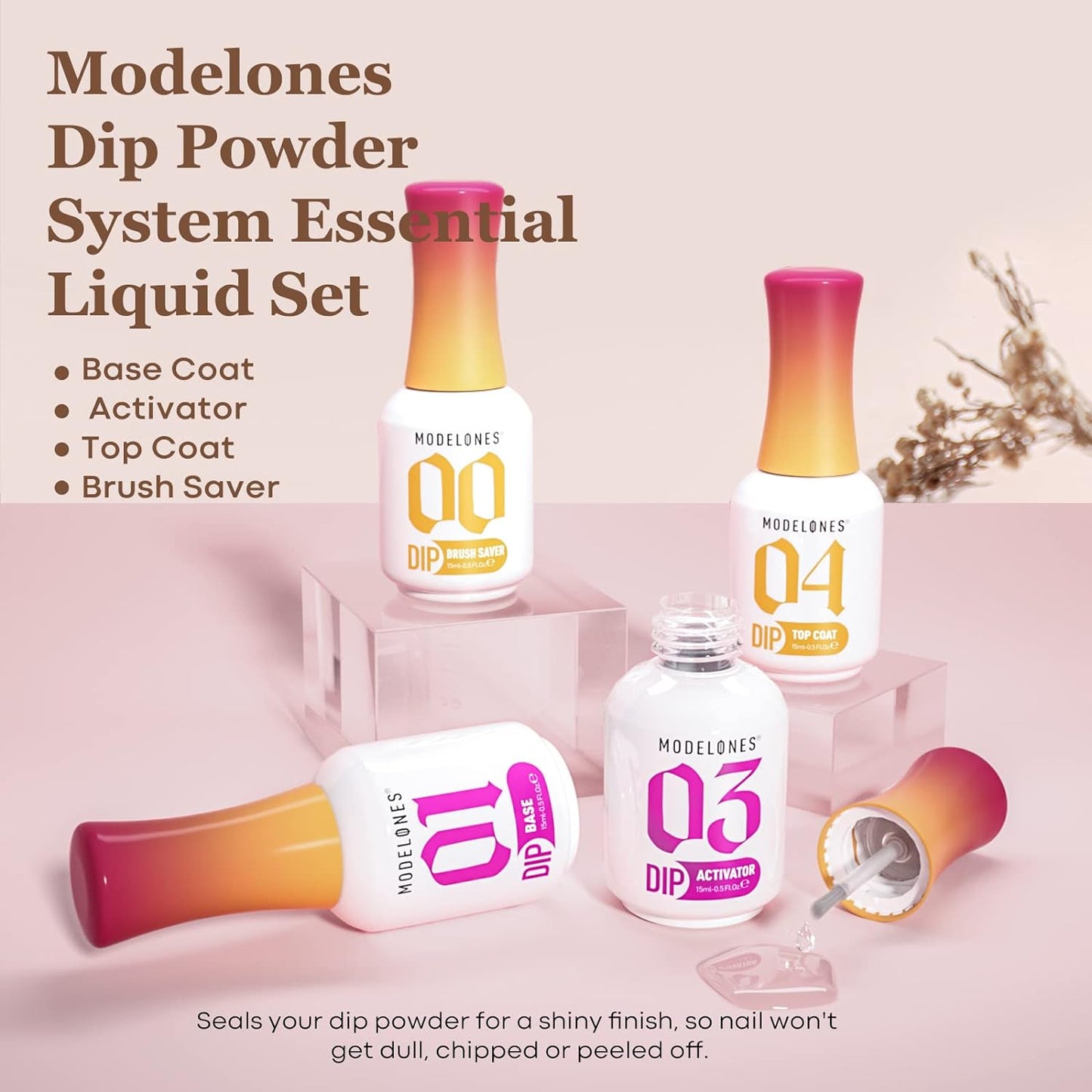 modelones Dip Powder Liquid Set 4+4 Pcs, Dip Powder System Set with Base Coat/Top Coat/Activator/Brush Saver/Manicure Tools for Nail Kit Art DIY Salon - 15ml/0.5oz