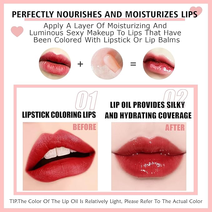 3PCS Lip Oil Set, Hydrating Lip Glow Oil Lip Plumper Gloss, Tinted Lip Oils Transparent Long Lasting Non-sticky Lip Gloss, Plumping Lip Gloss Lip Care Kit (Pink & Rosewood & Cherry)