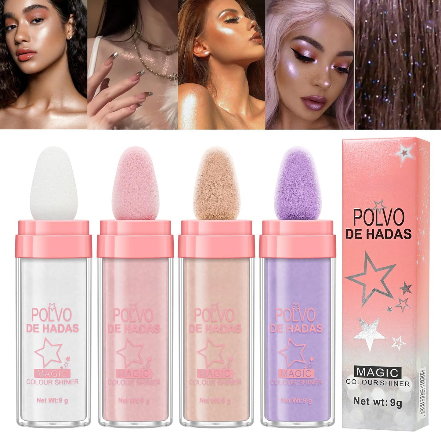 URQT 4 Color Polvo De Hadas Fairy Dust Highlight Patting Powder - Full Body Contouring and Clavicle Pearlescent Patting Powder for Face and Eye, Halloween Sparkling Body Glitter Powder (4 Pack)