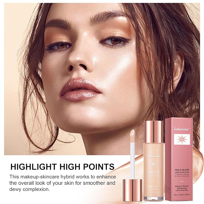 Natural Glow Liquid Filter Makeup, Longwear Face Luminizer, Complexion Booster For Any Part of the Body, Liquid Highlighter with Brush Kit, Infused Hyaluronic Acid, 1.06 fl oz (#06 TAN/DEEP)