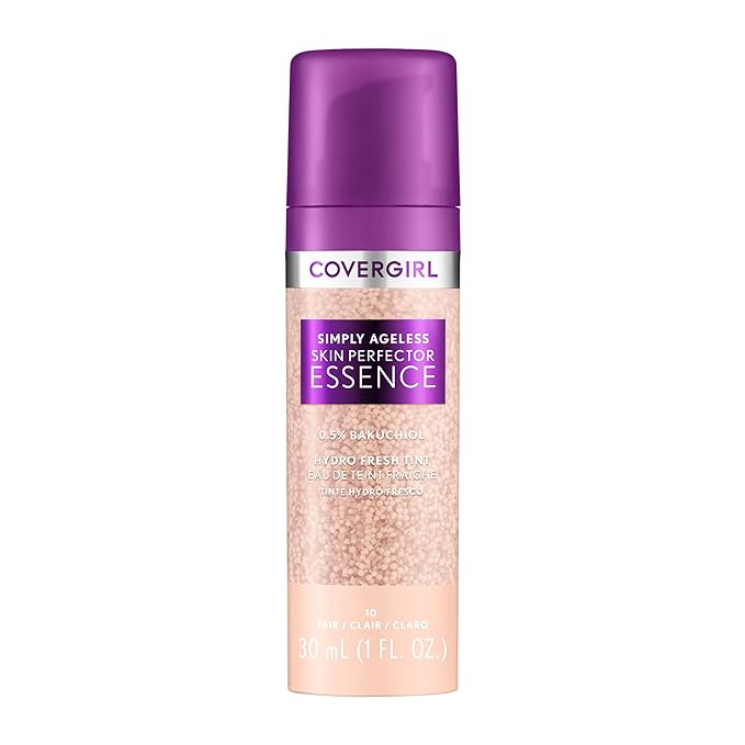 Covergirl Simply Ageless Skin Perfector Essence Foundation, 10 Fair, Tinted Skin Perfector, Skincare Makeup Hybrid, Sheer Tint, Radiant Finish, Skin-Like Finish, Vegan Formula, 1.0oz