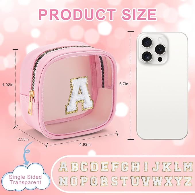 YOOLIFE Mini Birthday Gifts for Women - Personalized Cute Pink Initial Clear Makeup Bag Make Up Bag Travel Bag for Mothers Day Gifts Teacher Sister Friend Female Girlfriend Wife Teen Gifts Party Bag T