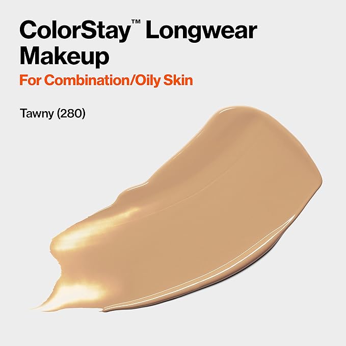 Revlon Liquid Foundation, ColorStay Face Makeup for Combination & Oily Skin, SPF 15, Medium-Full Coverage with Matte Finish, Tawny (280), 1.0 oz