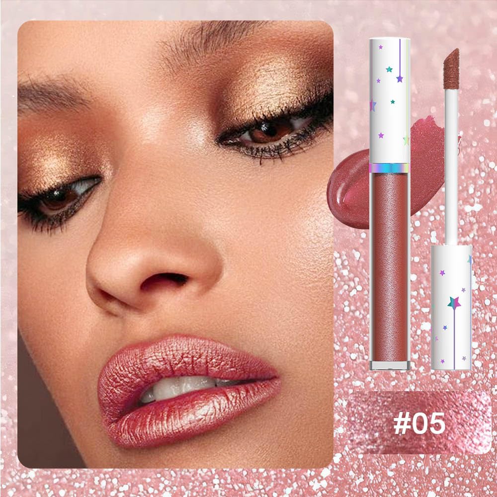 evpct 1Pcs Mauve Red Metallic Shimmer Glitter Lip Gloss Liquid Lipstick Long Lasting Waterproof 24, Glitter Pearlescent Metallic Sparkly Glossy Liquid Lipsticks Lip Stain Makeup Set for Women 05#