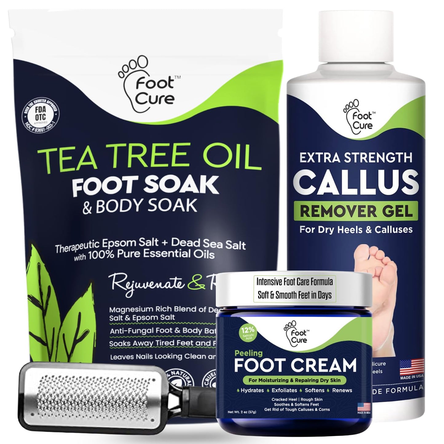 FOOT CURE Exfoliator & Callus Remover Pedicure Set – Care Kit Includes File for Dead Skin, Tea Tree Oil Soak Salts, Urea Cream 40 Percent Removal Gel Made in USA, Ivory, 4 Piece