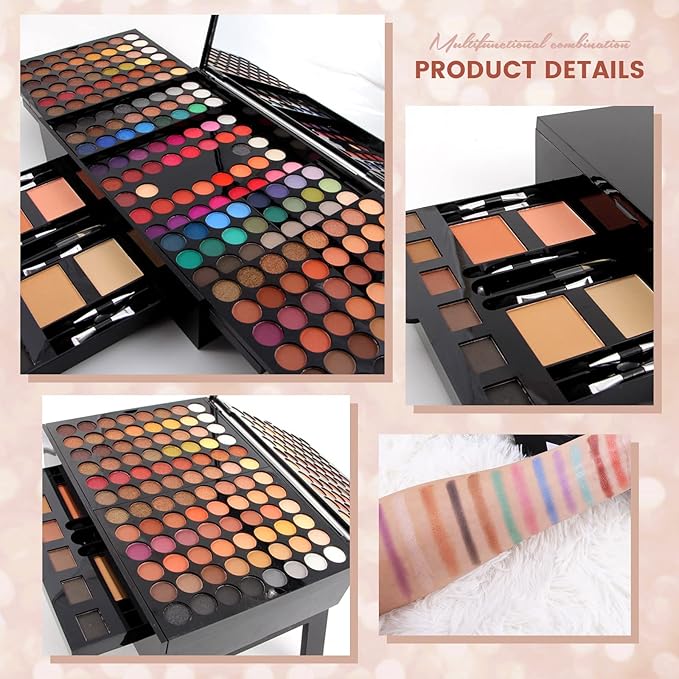 190 Colors Cosmetic Make up Piano Box Set,Combination with Eyeshadow /Facial Blusher /Eyebrow Powder /Eyeliner Pencil /Mirror,All-in-1 Makeup Gift Set (Color A)