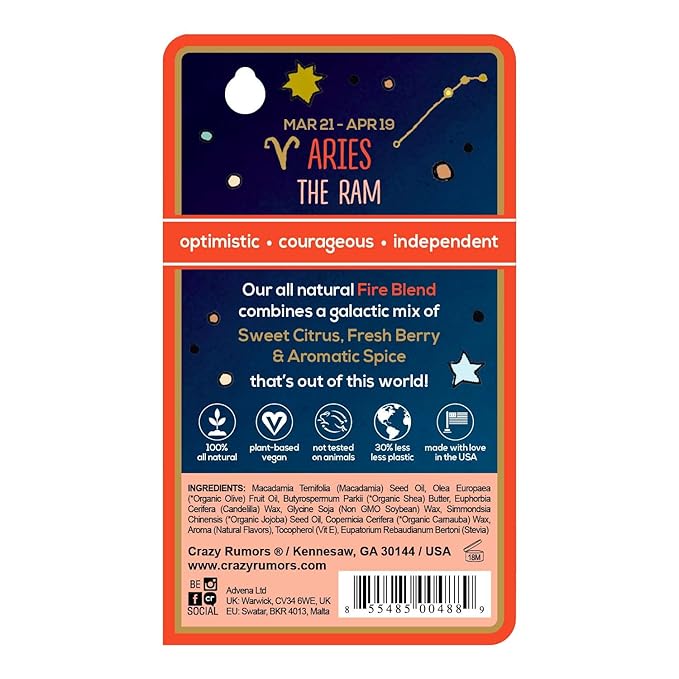 Crazy Rumors Aries Zodiac All Natural, Plant Based Lip Balm to Moisturize and Nourish your Lips - Fire Blend (Sweet Orange, Fresh Berry, Aromatic Spice)