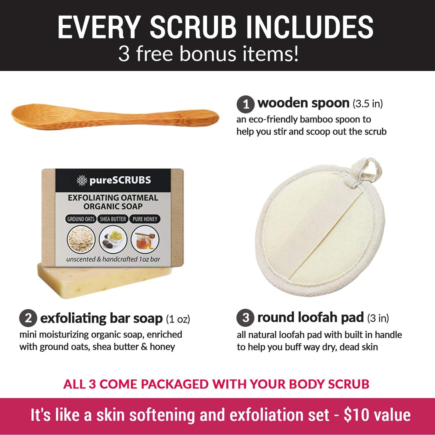 pureSCRUBS Premium Sandalwood Body Scrub Set - Large 16oz Dead Sea Salt Body Scrub With Infused Essential Oils & Nutrients, Includes Wooden Spoon, Loofah & Oatmeal Exfoliating Bar Soap