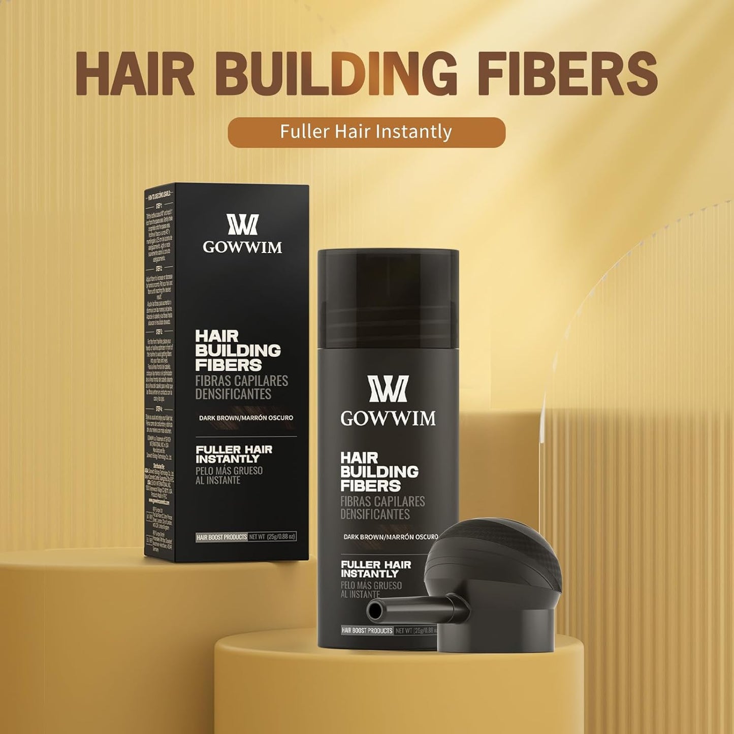 gowwim Hair Thickening Fibers 2-in-1 Kit Keratin Building Fibers, Spray Applicator & Hold Spray - Instantly Volumize Sparse Areas (Mid brown)