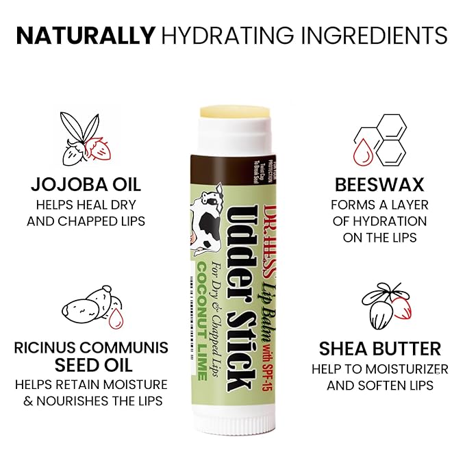 Original Udder Stick SPF Lip Balm, Soothing Moisturizer Sun Screen Balm for Dry Lips with Jojoba, Beeswax & Shea Butter, Total Lip Care, Hydration & Repair, Coconut-Lime Flavor, 4 Pack