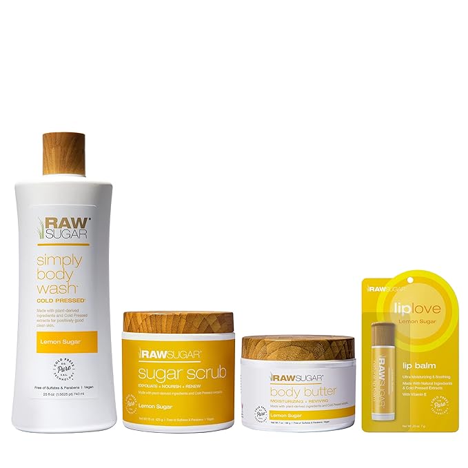 Raw Sugar Lemon Sugar Body Love Bundle - Hydrating,Moisturizing Body Wash, Body Scrub, Body Butter & Lip Balm, Clean, Made with Plant-Derived Ingredients, Formulated without Sulfates and Parabens