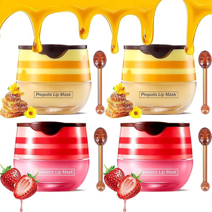 Bee Lip Balm Honey Pot,4 PCS Strawberry & Honey Moisturizing Propolis Lip Mask,Hydrating Prevention Dry and Cracked Lip Scrubs Exfoliator,Lip Sleep Mask Reduces Lip Lines Lip Skin Care Products…