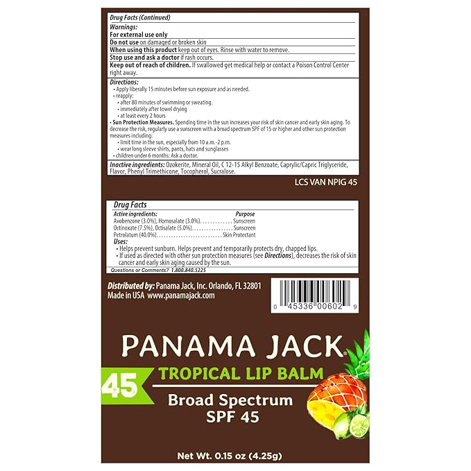Panama Jack Sunscreen Lip Balm - SPF 45, Flavor Pack, Broad Spectrum UVA-UVB Sunscreen Protection, Prevents & Soothes Dry, Chapped Lips (Mango/Tropical)