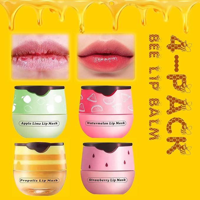 4PCS Lip Balm Honey Pot, Honey Pot Lip Balm for Dry Cracked Lips, Strawberry Lip Balm Scrubs Exfoliator & Moisturizer, Hydrating Lip Balm Honey Pot with Wand, Lip Sleeping Mask (4pcs)