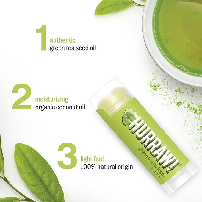 Hurraw! Green Tea Lip Balm, 3 Pack: Organic, Certified Vegan, Cruelty and Gluten Free. Non-GMO, 100% Natural Ingredients. Bee, Shea, Soy and Palm Free. Made in USA