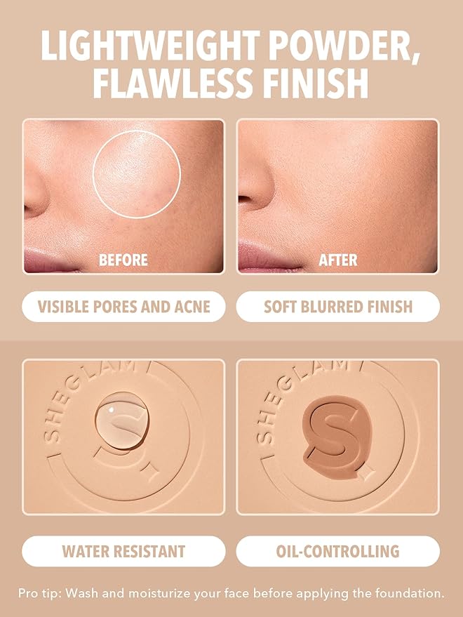 SHEGLAM SKin-Focus Full Coverage Powder Foundation Oil-Control Lightweight Face Pressed Powder Makeup-Cashew