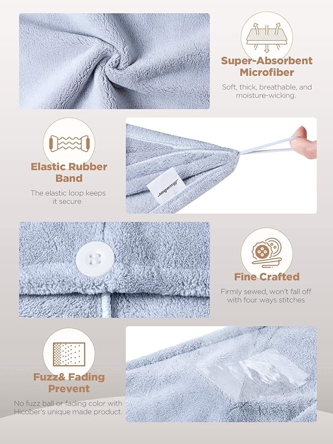 Hicober Microfiber Hair Towel, 3 Packs Hair Turbans for Wet Hair, Drying Hair Wrap Towels for Curly Hair Women Anti Frizz (Grey,Blue,Grey)