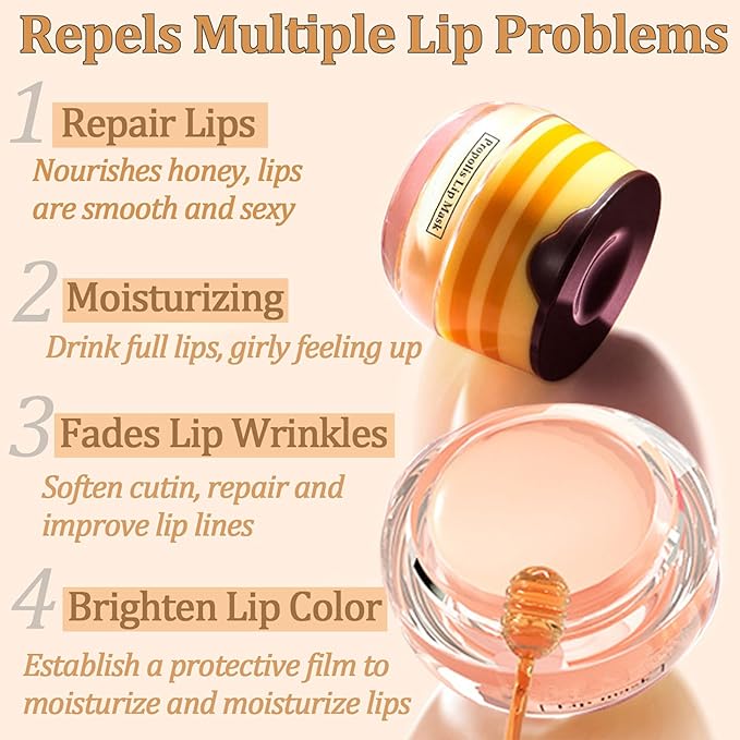 4 PCS Bee Lip Balm Lip Mask Honey Pot, Honey & Strawberry & Watermelon & Apple Lime Lip Mask Overnight Propolis Moisturizing Lip Balm with Stick, Hydrating Lip Sleeping Mask Prevention Dry & Cracked
