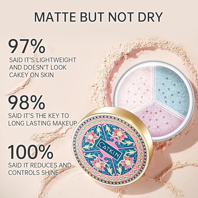 CATKIN Poreless Finish Loose Setting Powder Makeup, Translucent Natural Shimmer Finishing Makeup for All Skin Tones, 3 Colors Even Skin Tone – 0.42 oz Includes Velour Puff