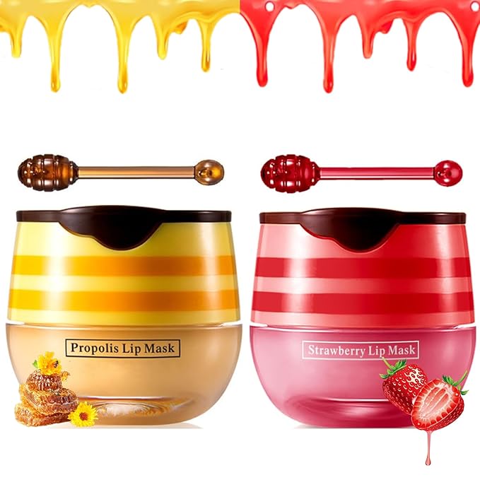 2 PCS Lip Balm Honey Pot, Honey & Strawberry Lip Sleeping Mask Vitamin E & Moisturizing Propolis Lip Balm with Stick, Prevention Dry and Cracked Lip Scrubs Exfoliator Lip Wrinkle