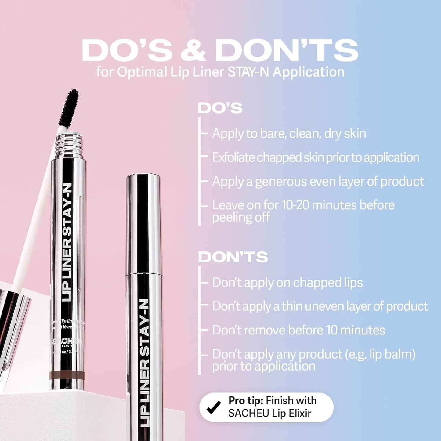 Sacheu Lip Liner STAY-N & Lip Elixir Bundle — Long Lasting Matte Lip Tattoo, Transfer Proof Lipstain Infused with Hyaluronic Acid & Vitamin E, for All Skin Types — P-inked and Clear