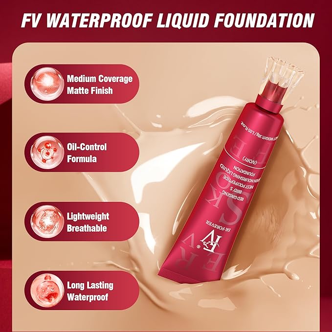FV Waterproof Foundation with Oil-control, Long Lasting & Lightweight, Buildable Coverage, Matte Foundation for Oily/Normal Skin, Sweat-resistant Liquid Makeup Foundation for Face, 30g, Toffee
