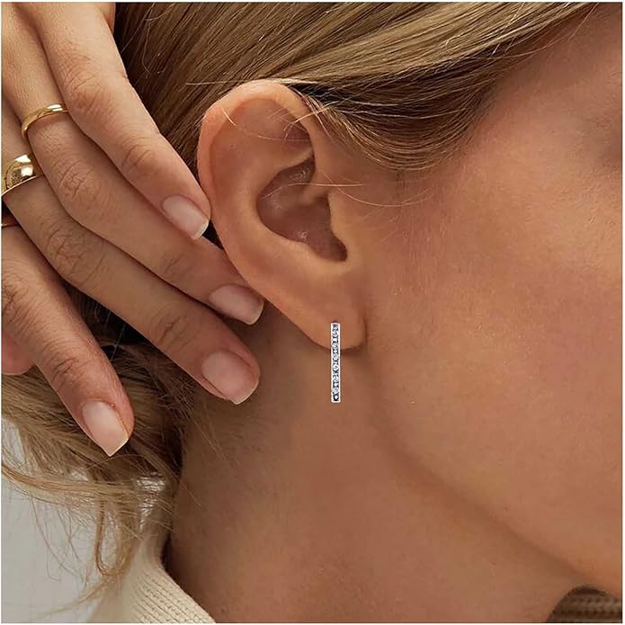 Geometric Crystal Bar Earrings Silver Cz Bar Stick Earrings Cz Rhinestone Bar Stud Earrings Silver Minimalist Earrings Jewelry for Women and Girls