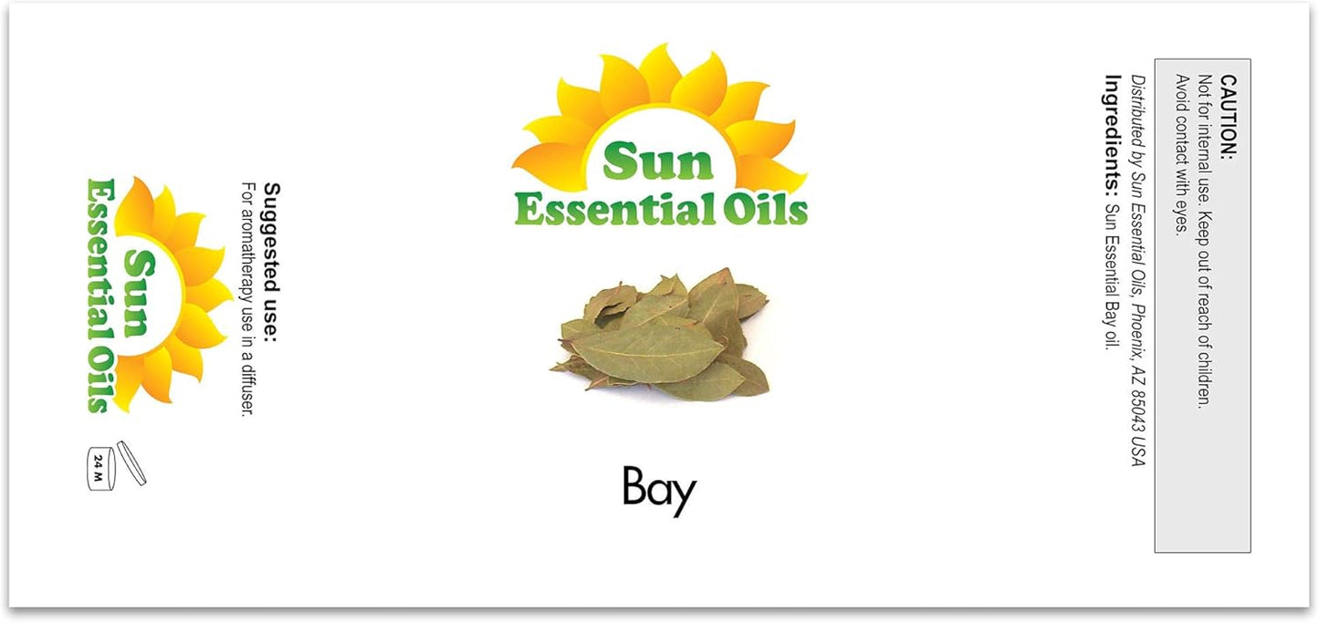 Sun Essential Oils – 4 oz Bay Essential Oil with Dropper for Diffuser, Massage Therapy, Scalp Care, Aromatherapy, Fresh Scent for Candle, Lotion & Shampoo Making, Room Fragrance